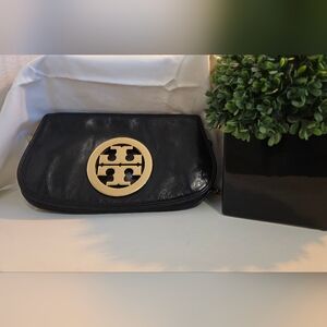 Tory Burch - Authentic Black Leather Clutch with Gold Logo